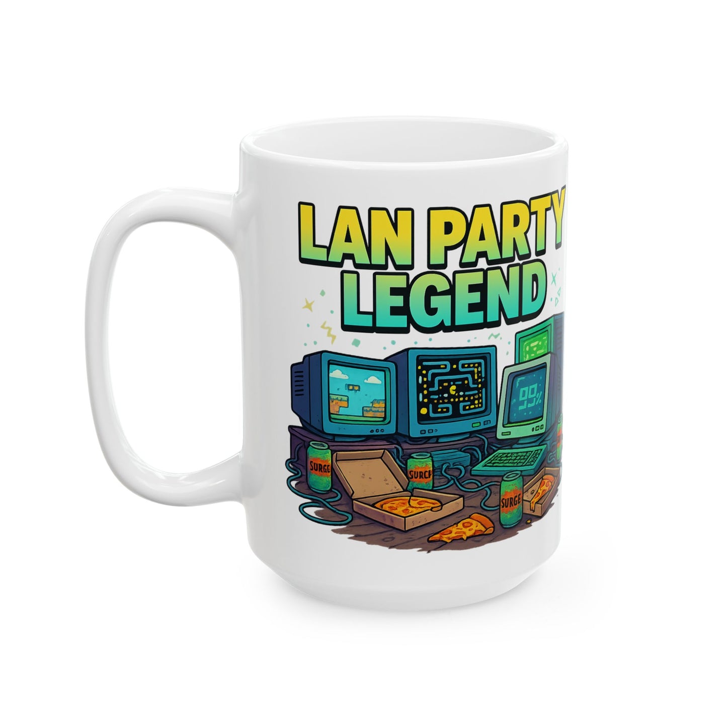 Retro gamer mug featuring glowing green PC towers, CRT screens, and tangled ethernet cables, perfect for 90s gaming fans.