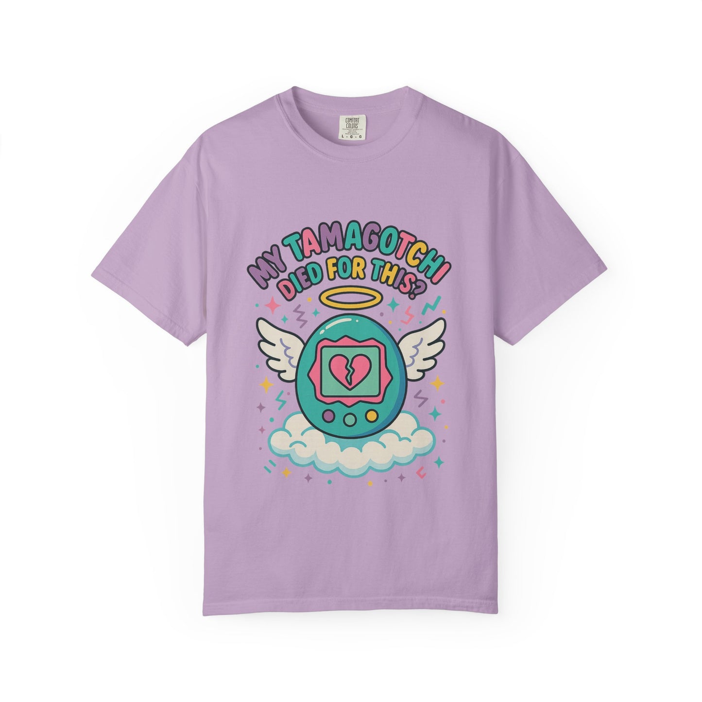 Retro My Tamagotchi Died T-Shirt with pixelated digital pet and broken heart graphic
