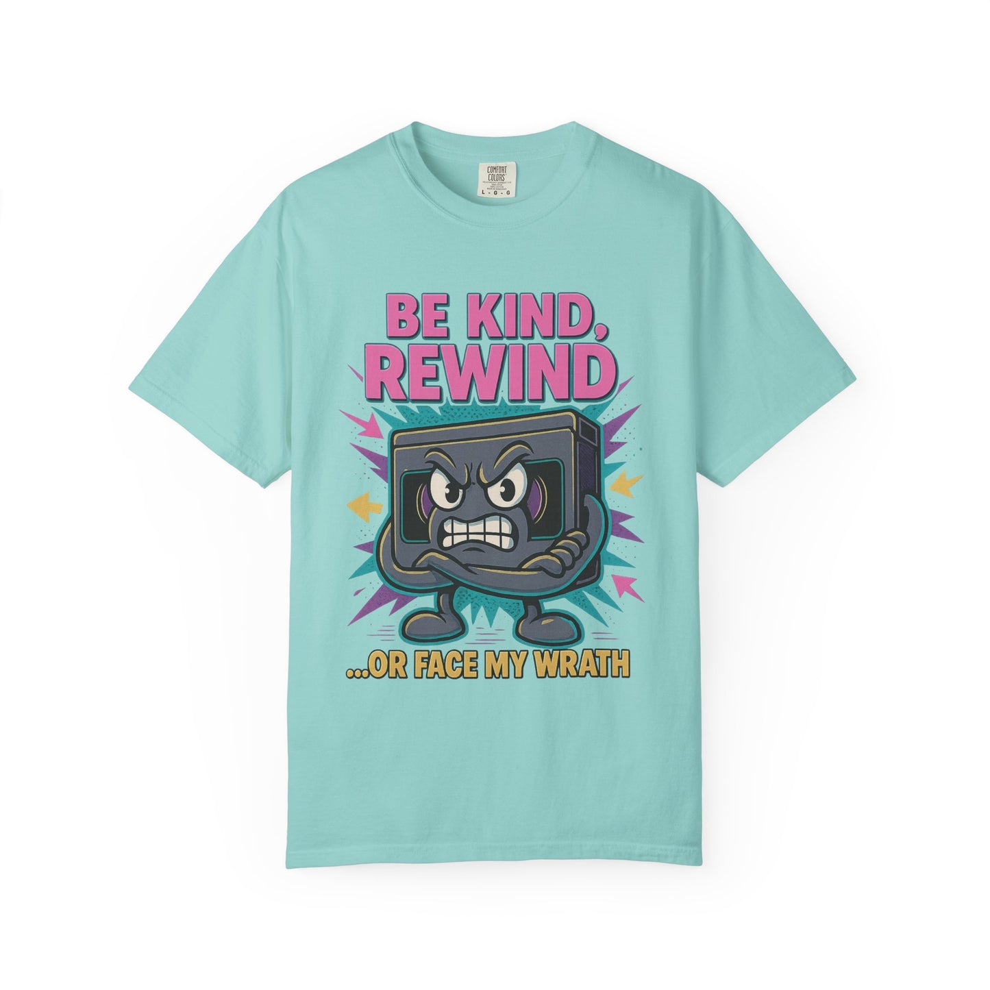 Retro Be Kind Rewind VHS T-Shirt with neon cartoon VHS tape graphic"