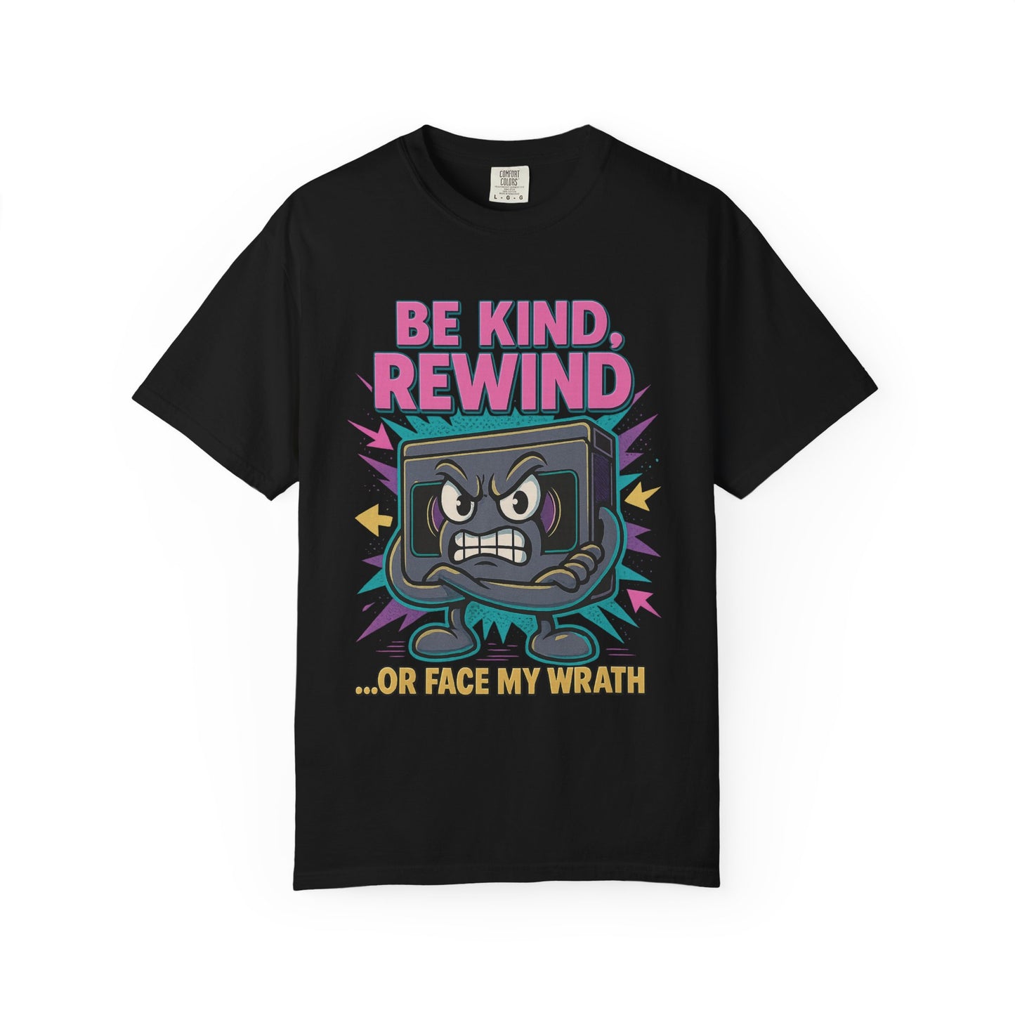 Retro Be Kind Rewind VHS T-Shirt with neon cartoon VHS tape graphic"