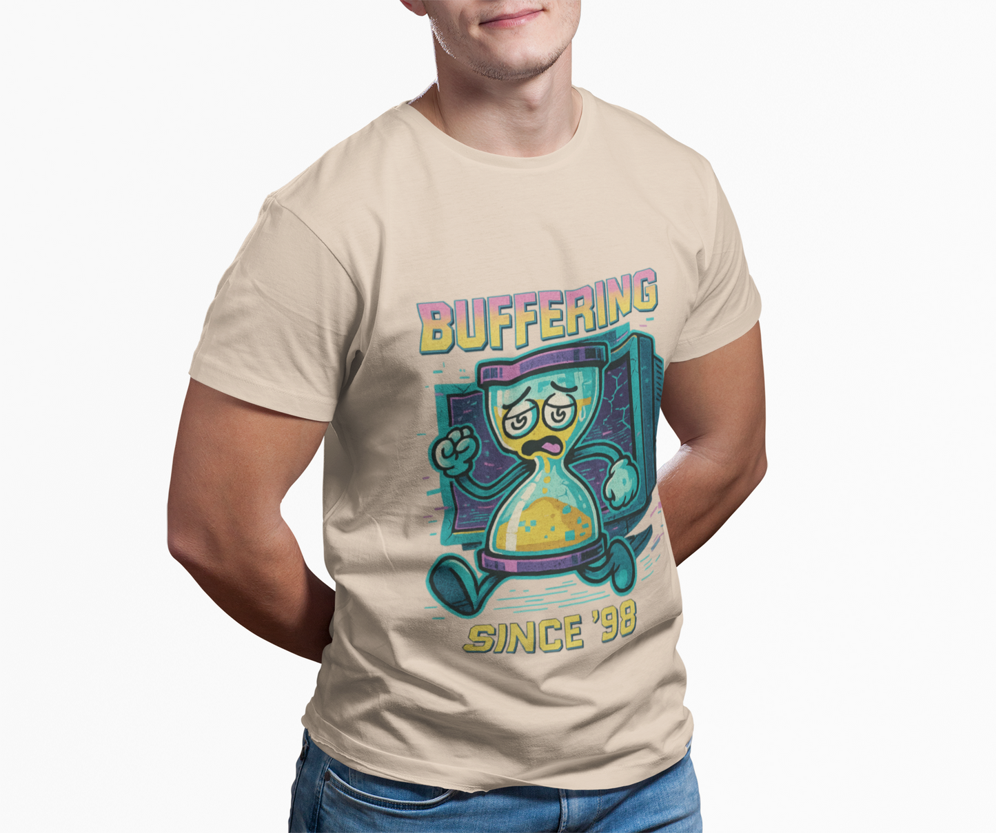 Retro Buffering Since '98 T-Shirt with pixel-style hourglass and Y2K design