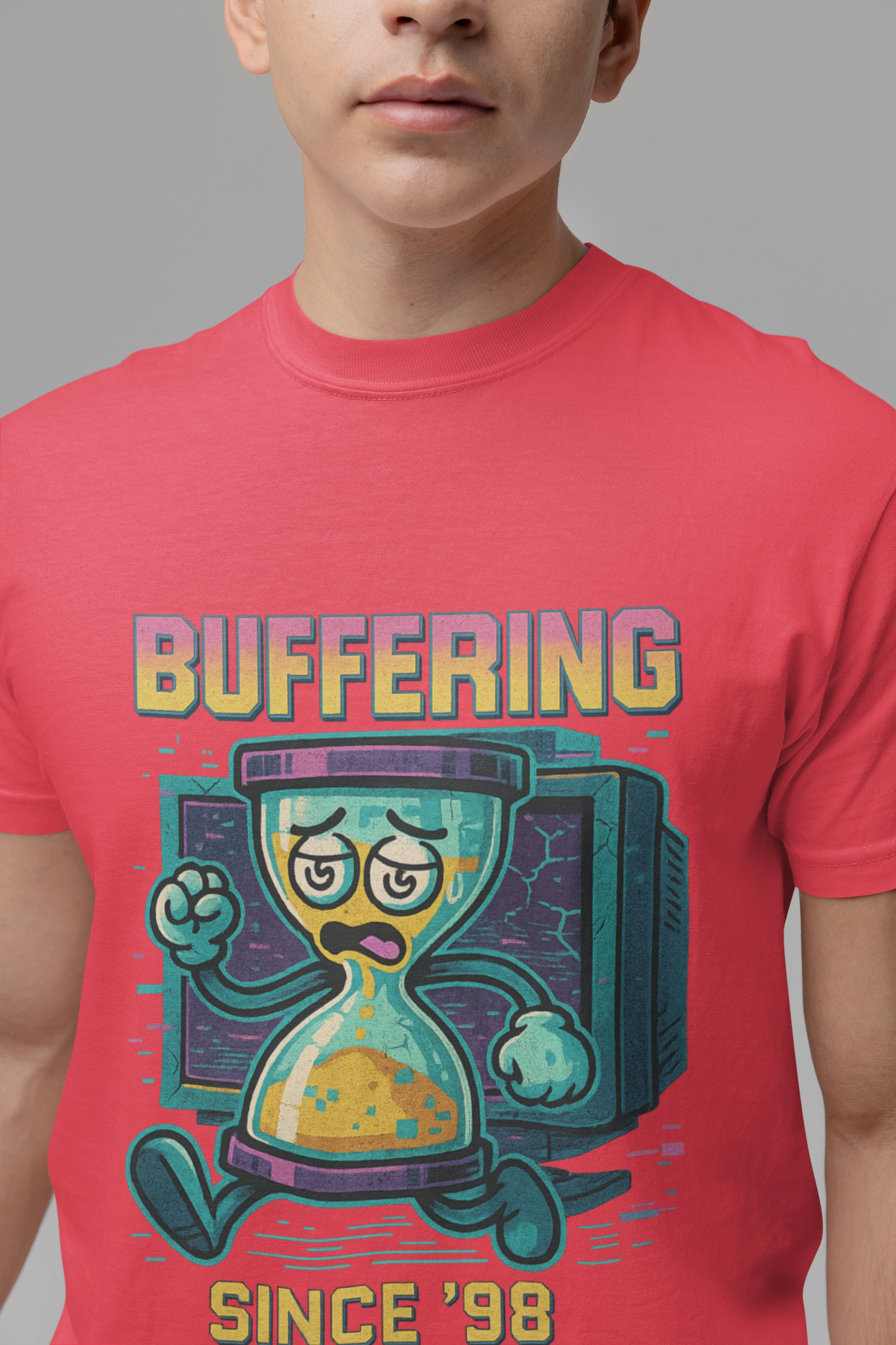 Retro Buffering Since '98 T-Shirt with pixel-style hourglass and Y2K design