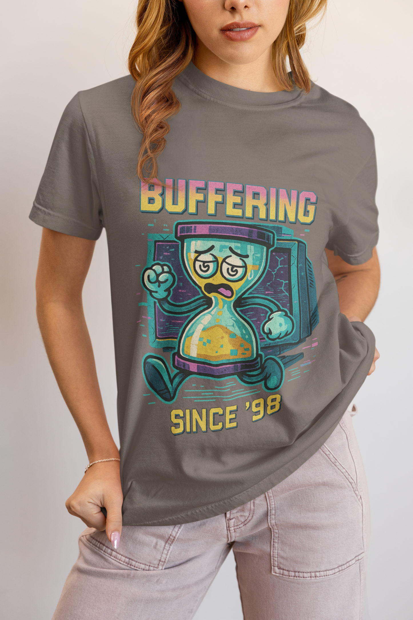 Retro Buffering Since '98 T-Shirt with pixel-style hourglass and Y2K design