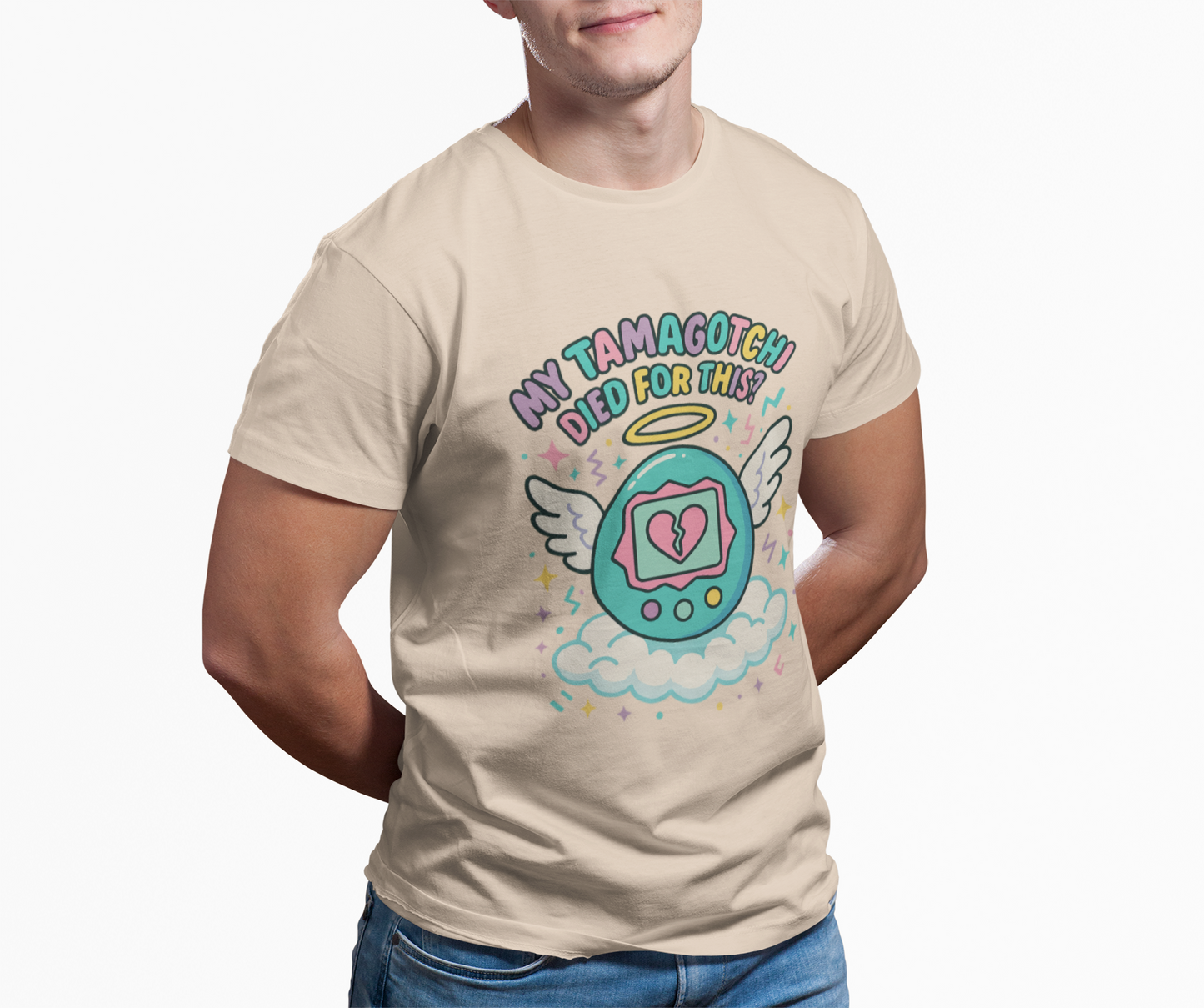 Retro My Tamagotchi Died T-Shirt with pixelated digital pet and broken heart graphic