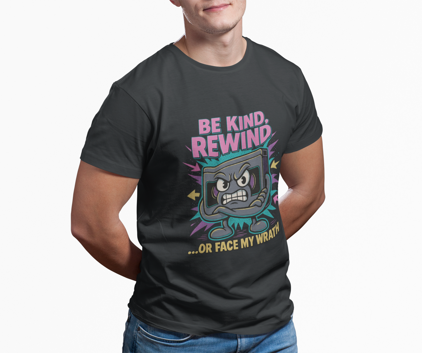 Retro Be Kind Rewind VHS T-Shirt with neon cartoon VHS tape graphic"