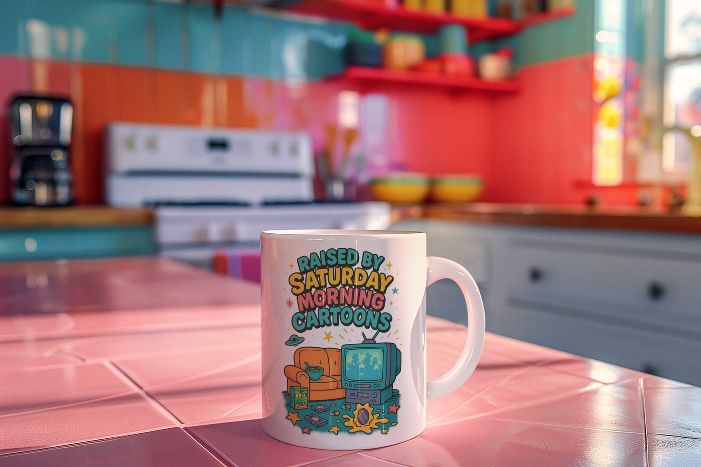 White ceramic mug with retro-style cartoon design featuring a CRT TV, cereal bowl, and couch, 90s nostalgia aesthetic.