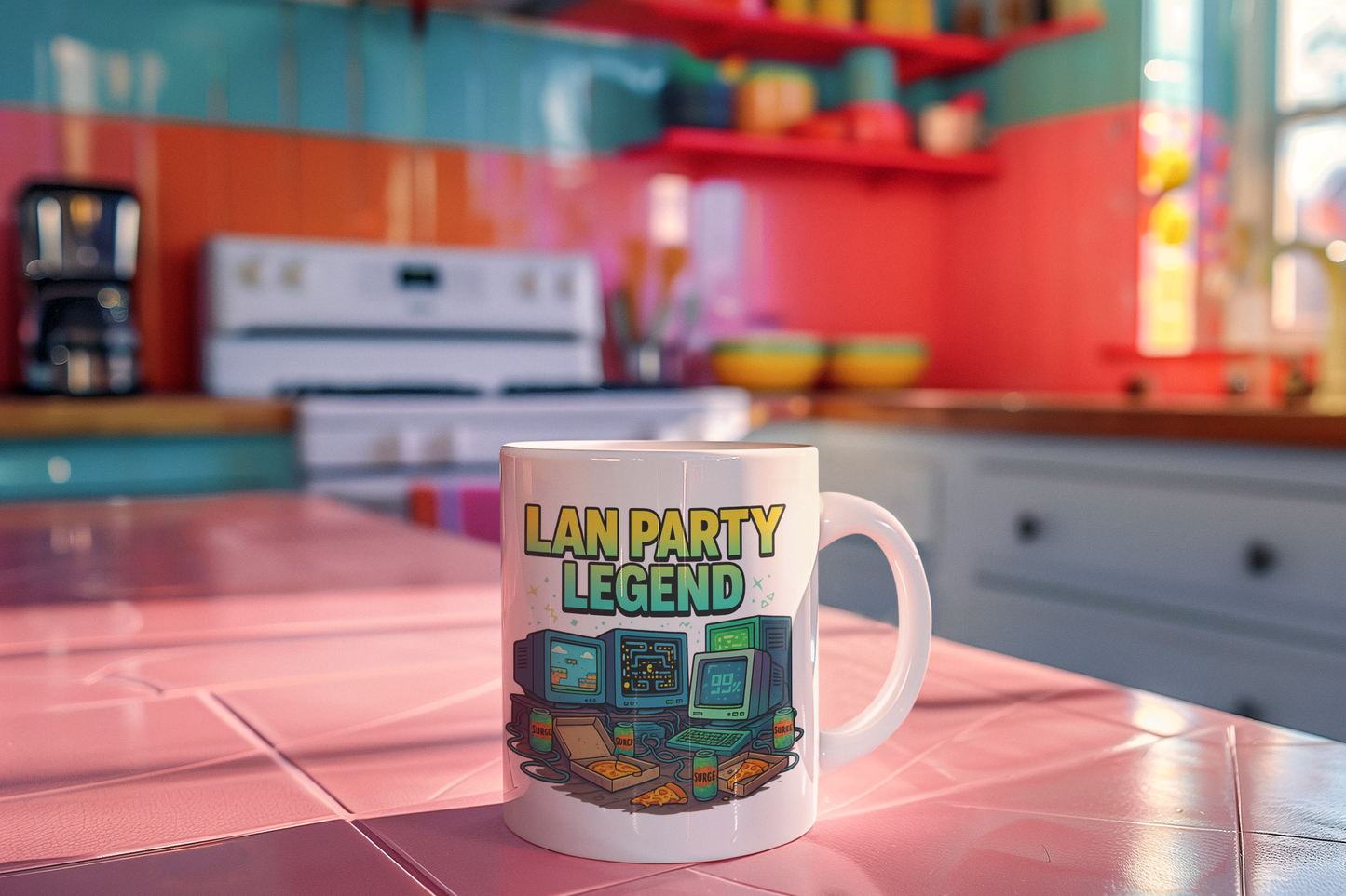 Retro gamer mug featuring glowing green PC towers, CRT screens, and tangled ethernet cables, perfect for 90s gaming fans.