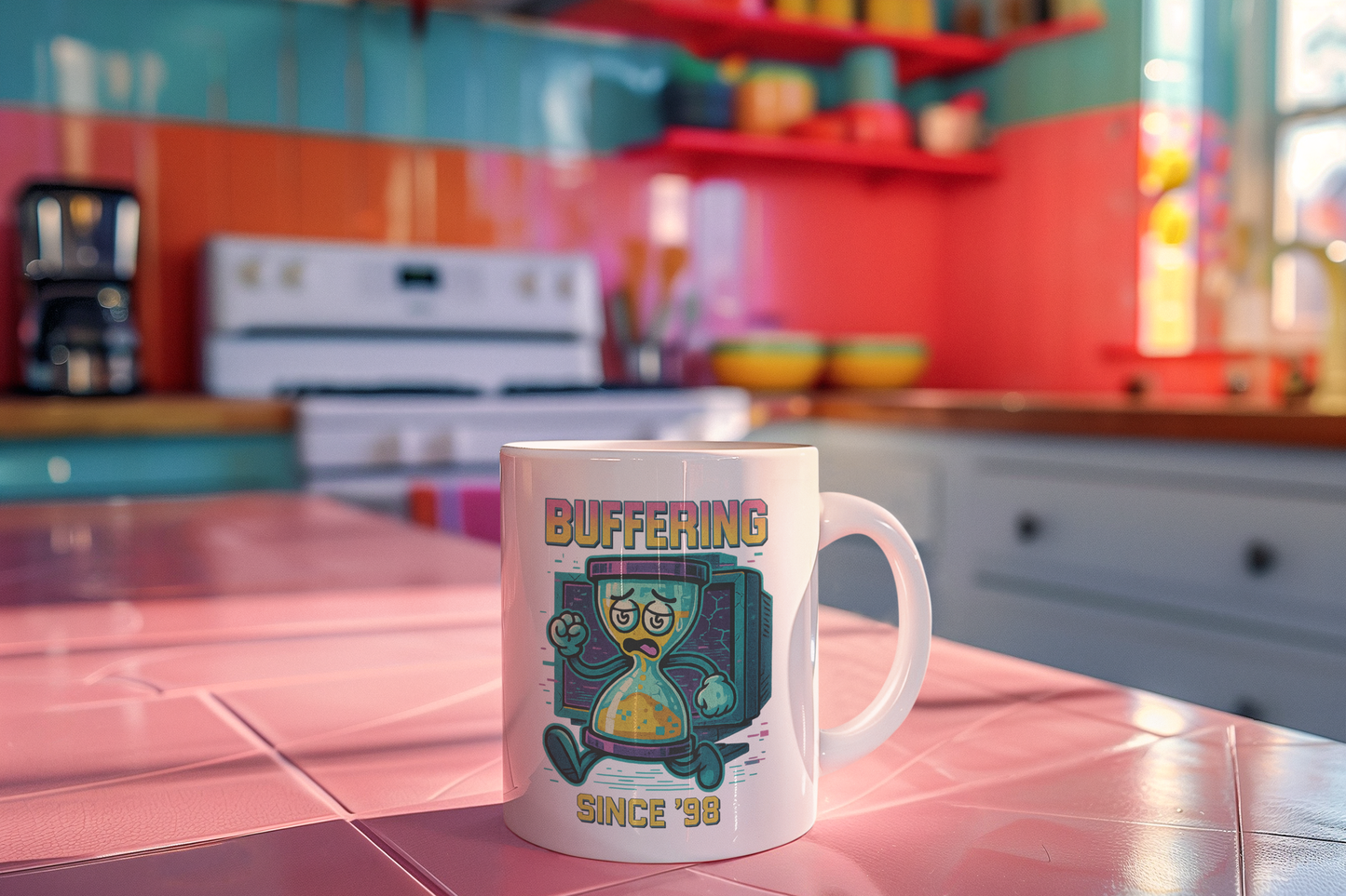 Ceramic coffee mug with pixel hourglass and glitchy loading bar, 90s-inspired graphic for tech lovers and millennials.