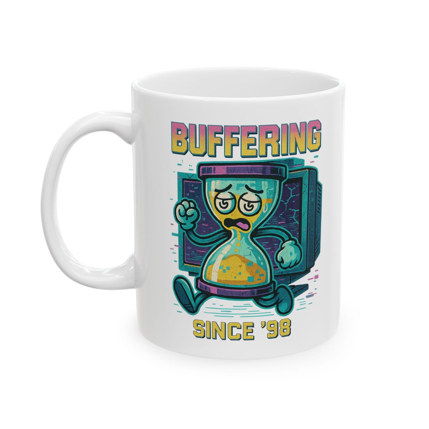 Ceramic coffee mug with pixel hourglass and glitchy loading bar, 90s-inspired graphic for tech lovers and millennials.
