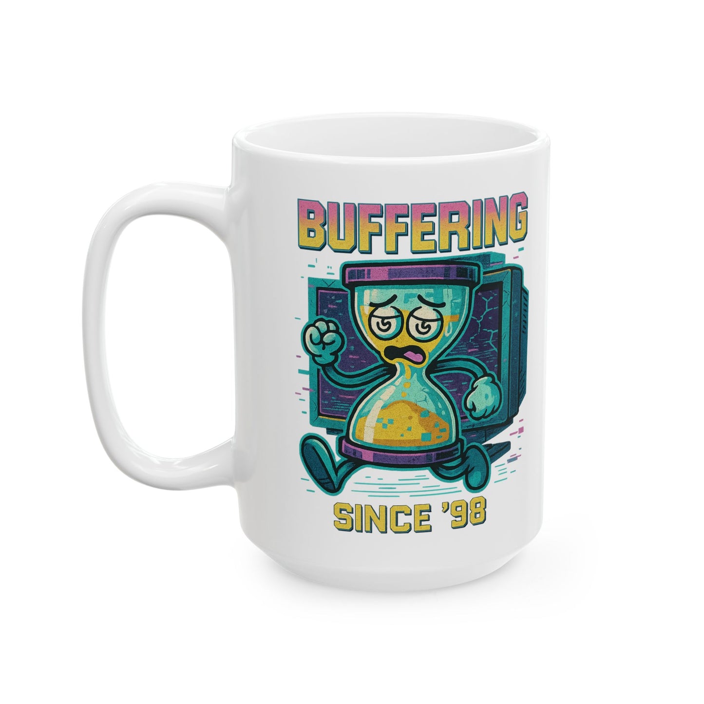 Ceramic coffee mug with pixel hourglass and glitchy loading bar, 90s-inspired graphic for tech lovers and millennials.