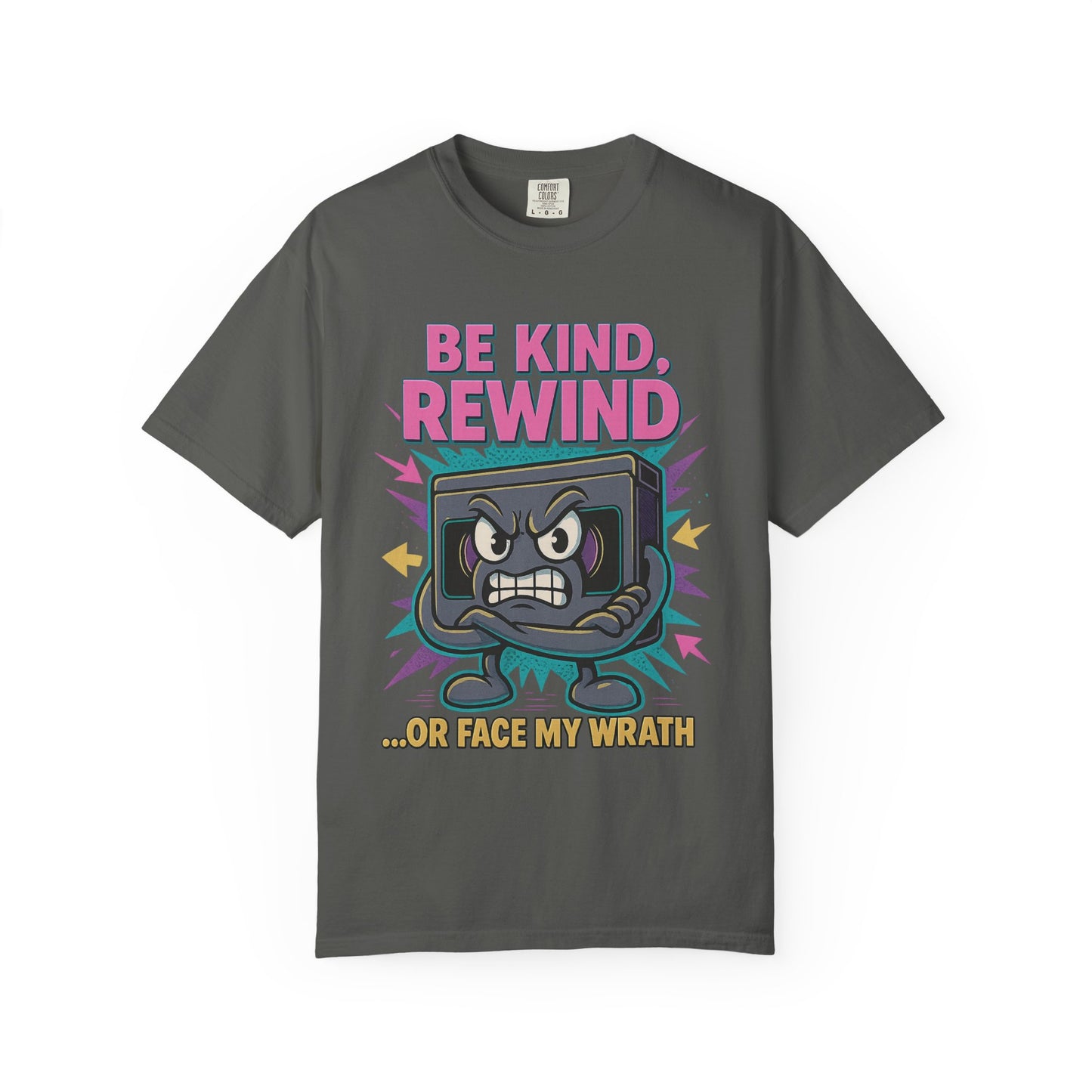 Retro Be Kind Rewind VHS T-Shirt with neon cartoon VHS tape graphic"