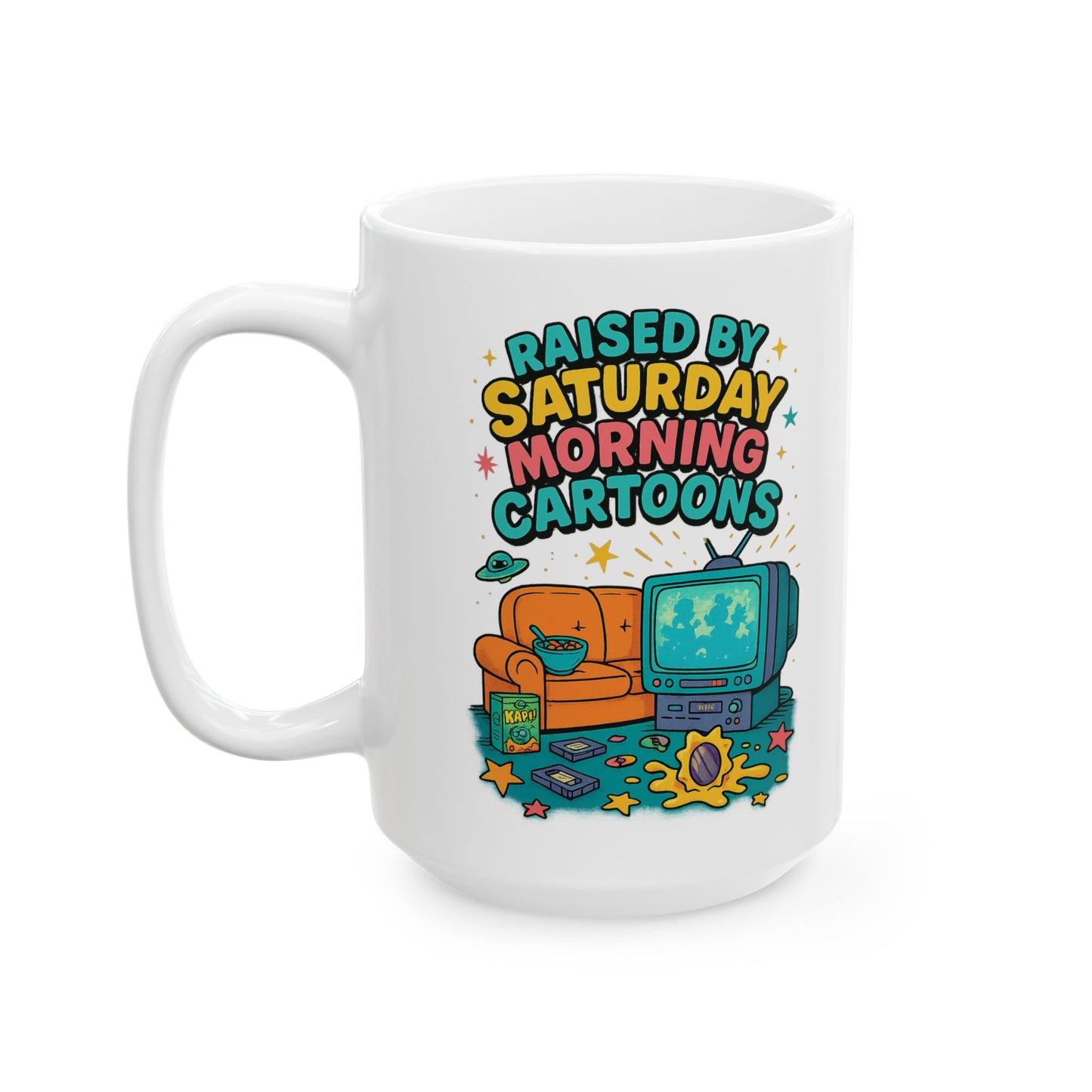 White ceramic mug with retro-style cartoon design featuring a CRT TV, cereal bowl, and couch, 90s nostalgia aesthetic.