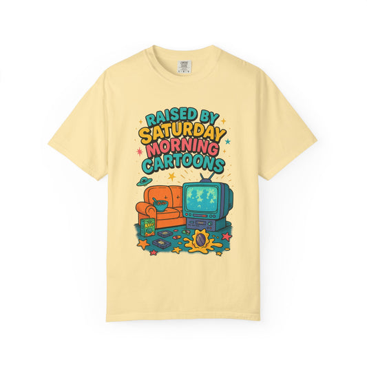 Nostalgic 90s cartoon tee with a couch, cereal bowl & VHS vibes. Perfect gift for retro lovers & Saturday morning warriors. Unisex fit.