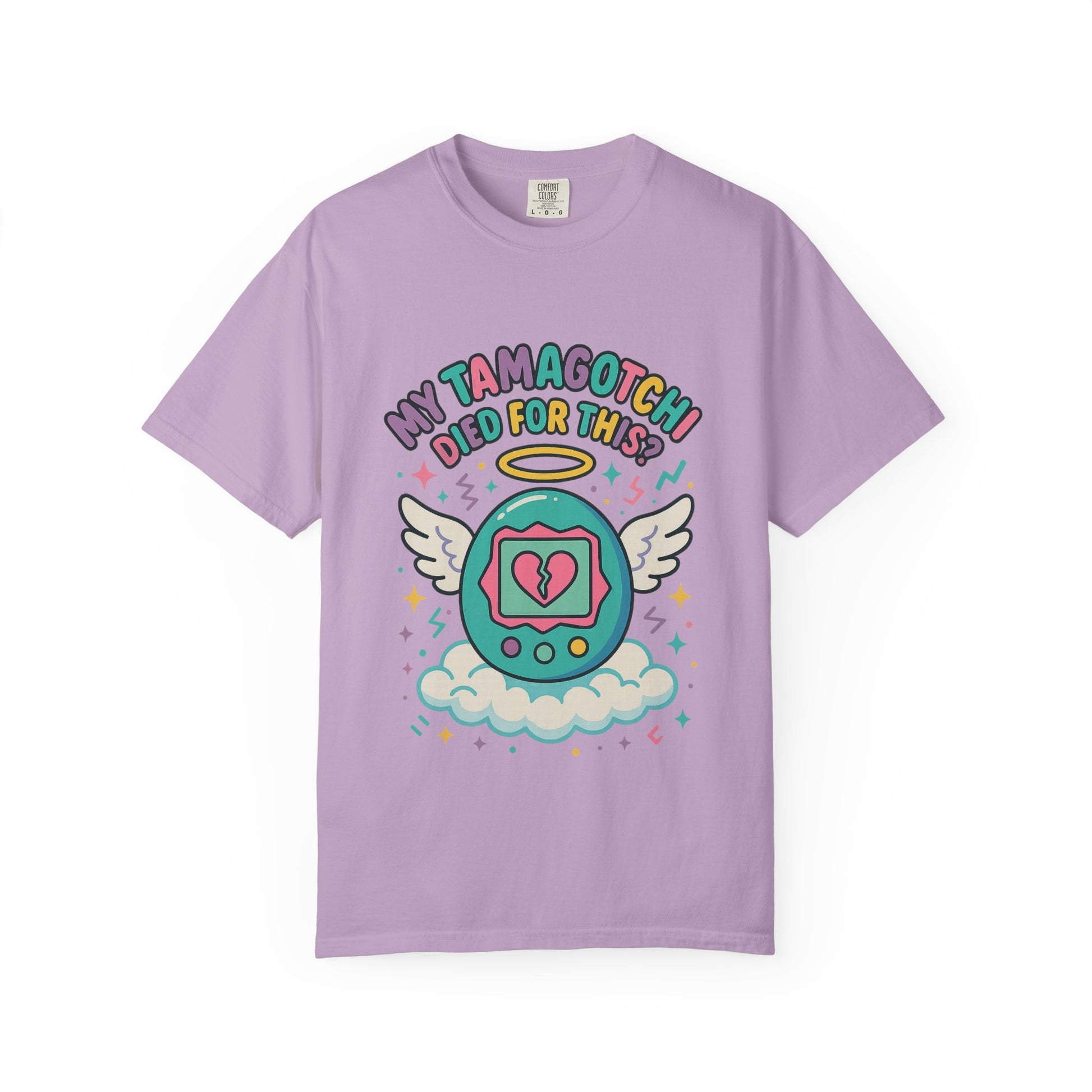 Retro My Tamagotchi Died T-Shirt with pixelated digital pet and broken heart graphic