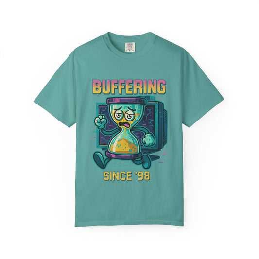 Retro Buffering Since '98 T-Shirt with pixel-style hourglass and Y2K design