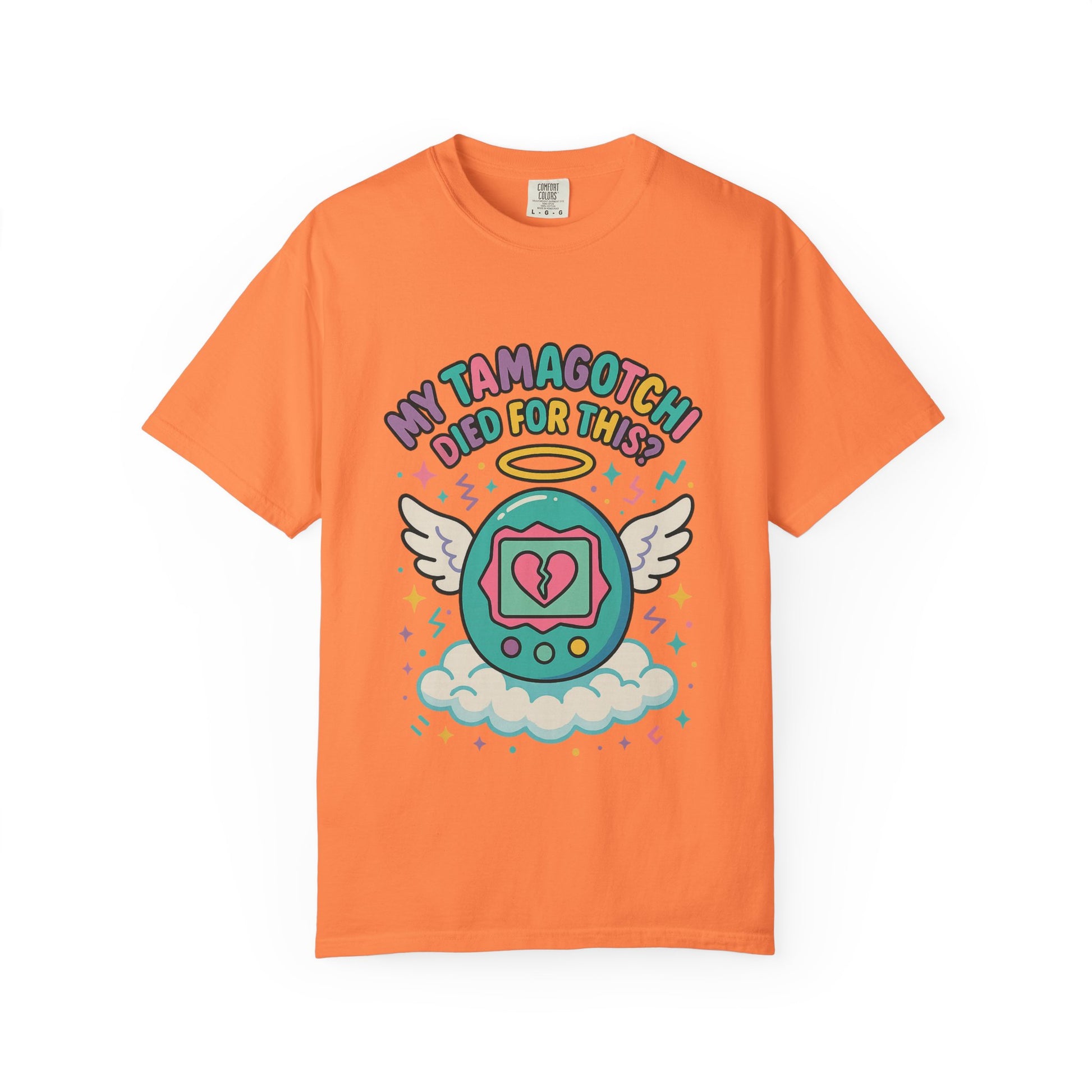 Retro My Tamagotchi Died T-Shirt with pixelated digital pet and broken heart graphic