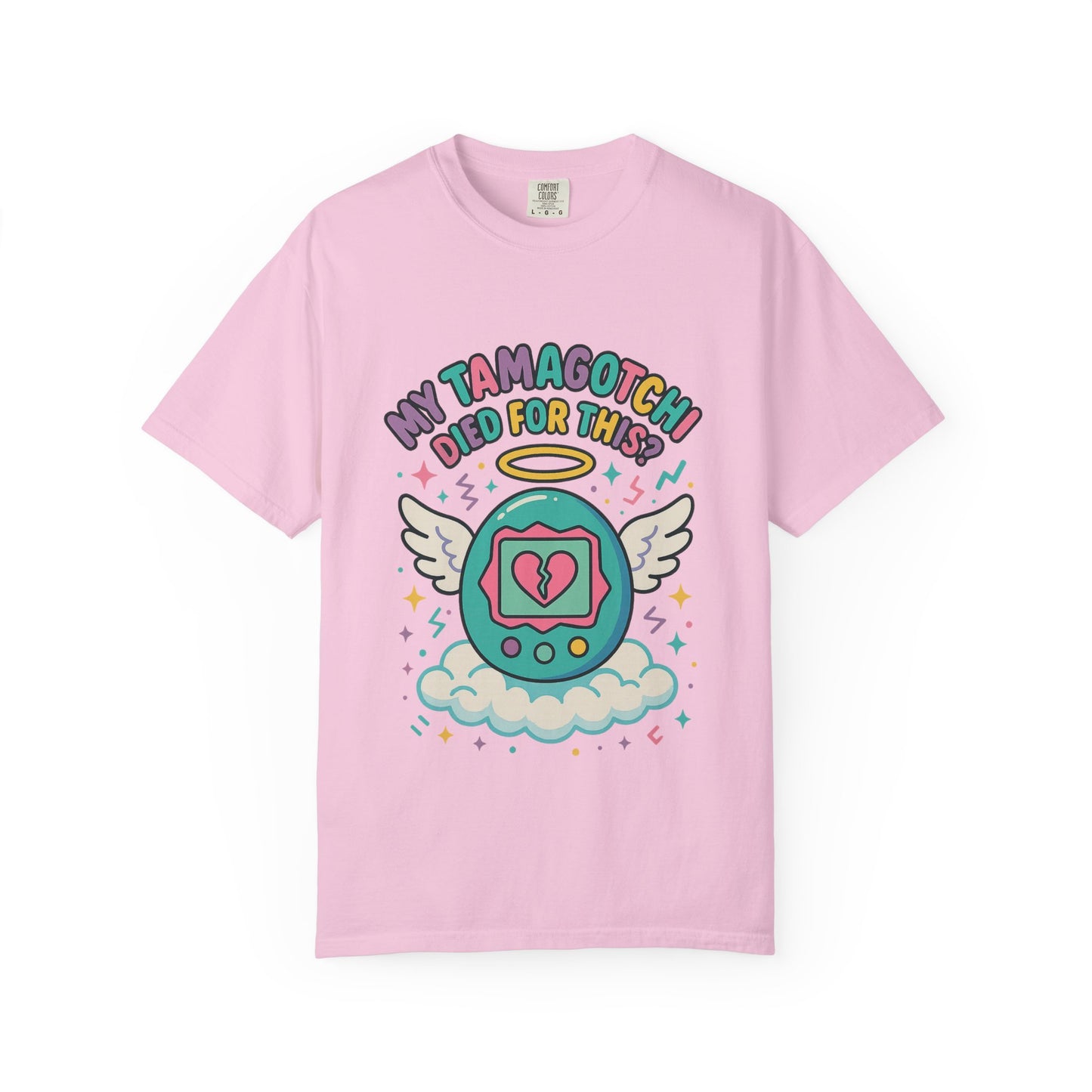Retro My Tamagotchi Died T-Shirt with pixelated digital pet and broken heart graphic