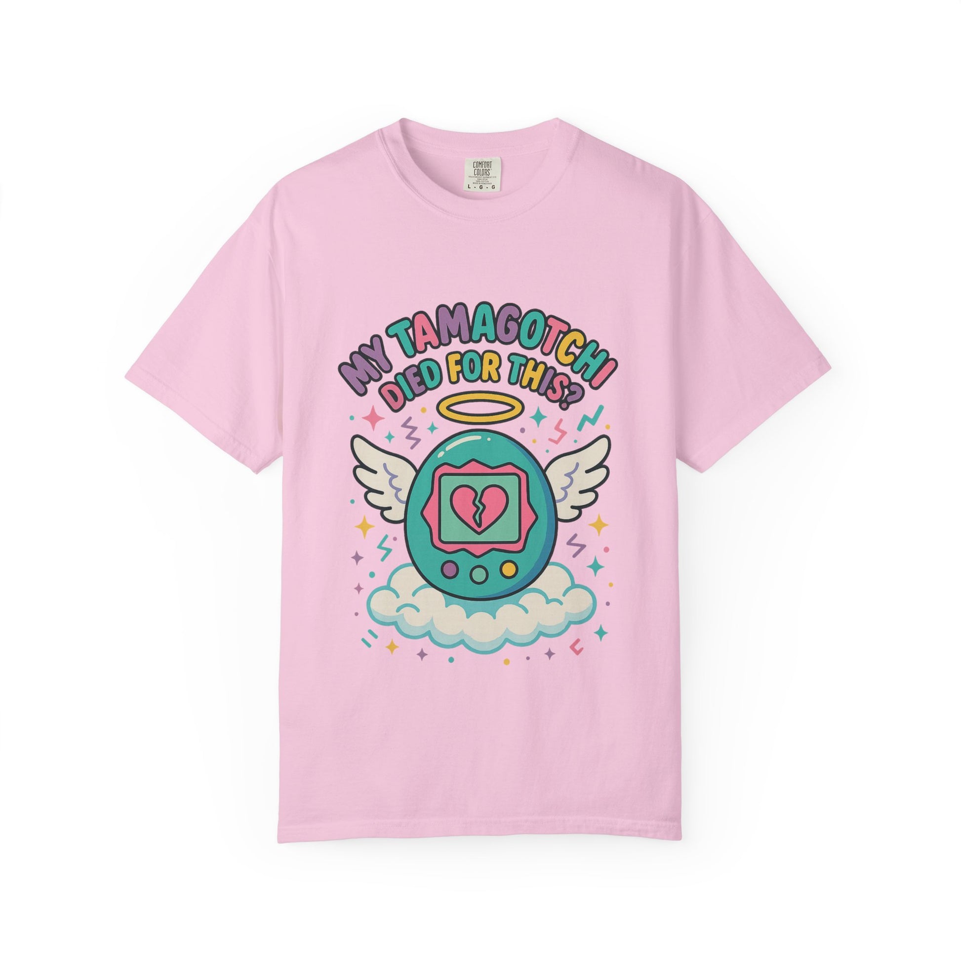 Retro My Tamagotchi Died T-Shirt with pixelated digital pet and broken heart graphic