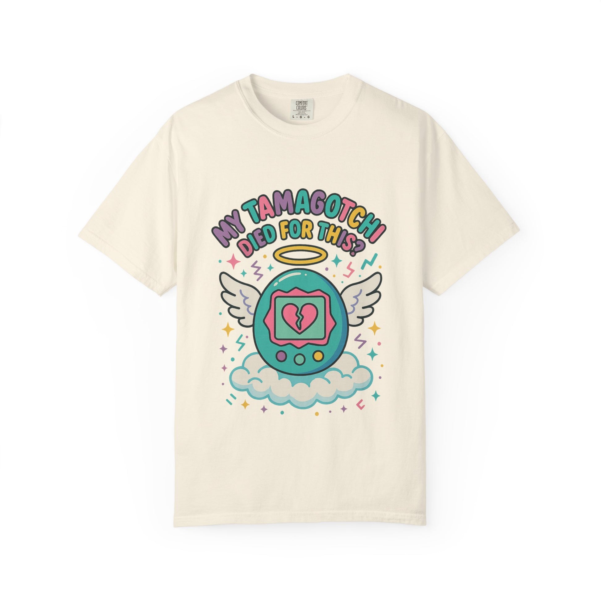 Retro My Tamagotchi Died T-Shirt with pixelated digital pet and broken heart graphic