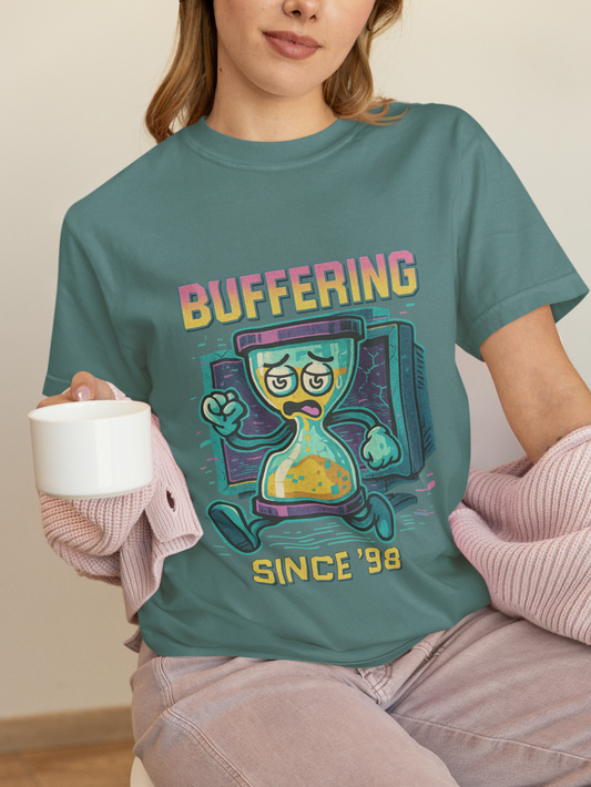 Retro Buffering Since '98 T-Shirt with pixel-style hourglass and Y2K design