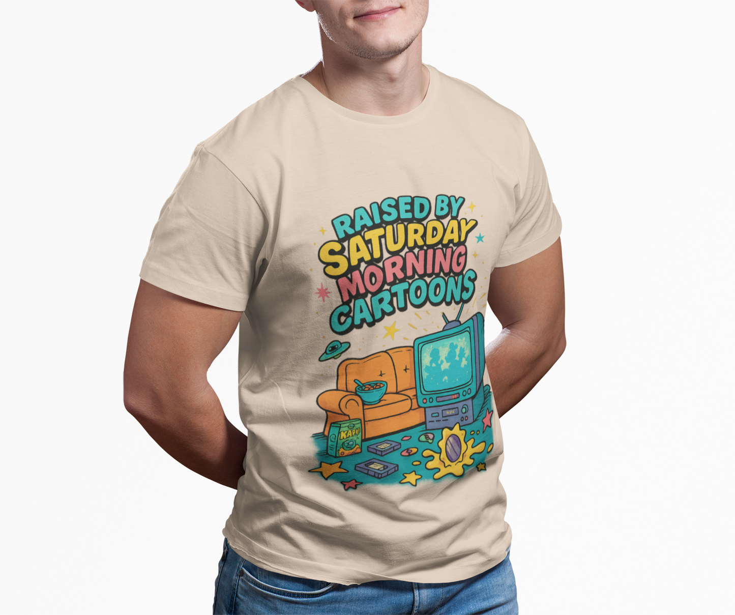 Nostalgic 90s cartoon tee with a couch, cereal bowl & VHS vibes. Perfect gift for retro lovers & Saturday morning warriors. Unisex fit.
