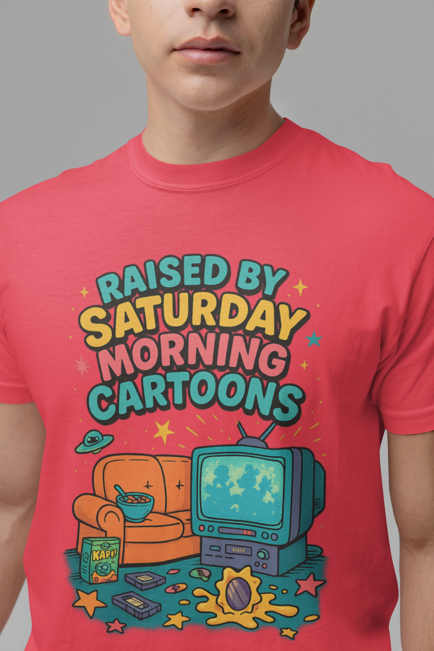 Nostalgic 90s cartoon tee with a couch, cereal bowl & VHS vibes. Perfect gift for retro lovers & Saturday morning warriors. Unisex fit.