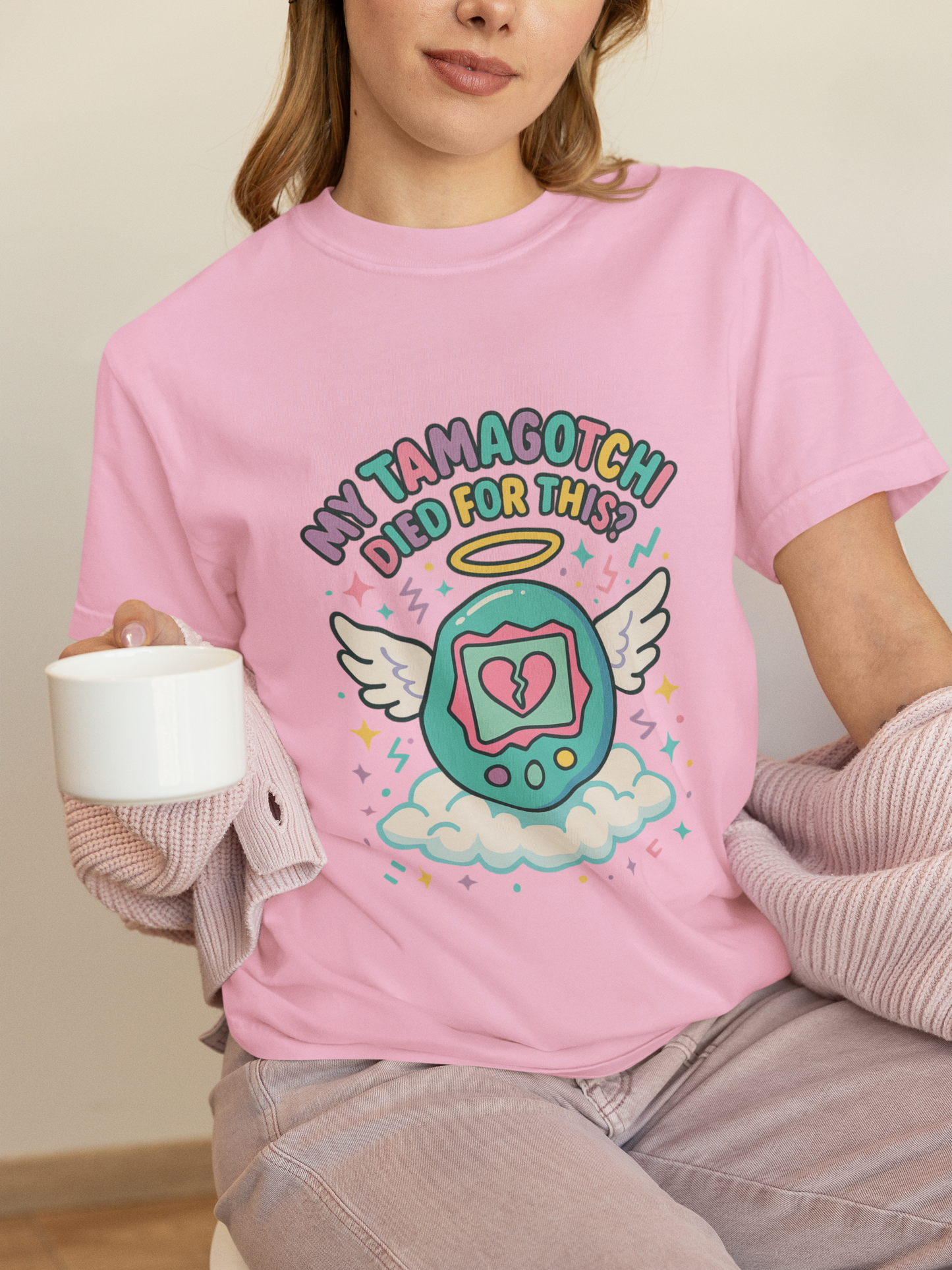 Retro My Tamagotchi Died T-Shirt with pixelated digital pet and broken heart graphic