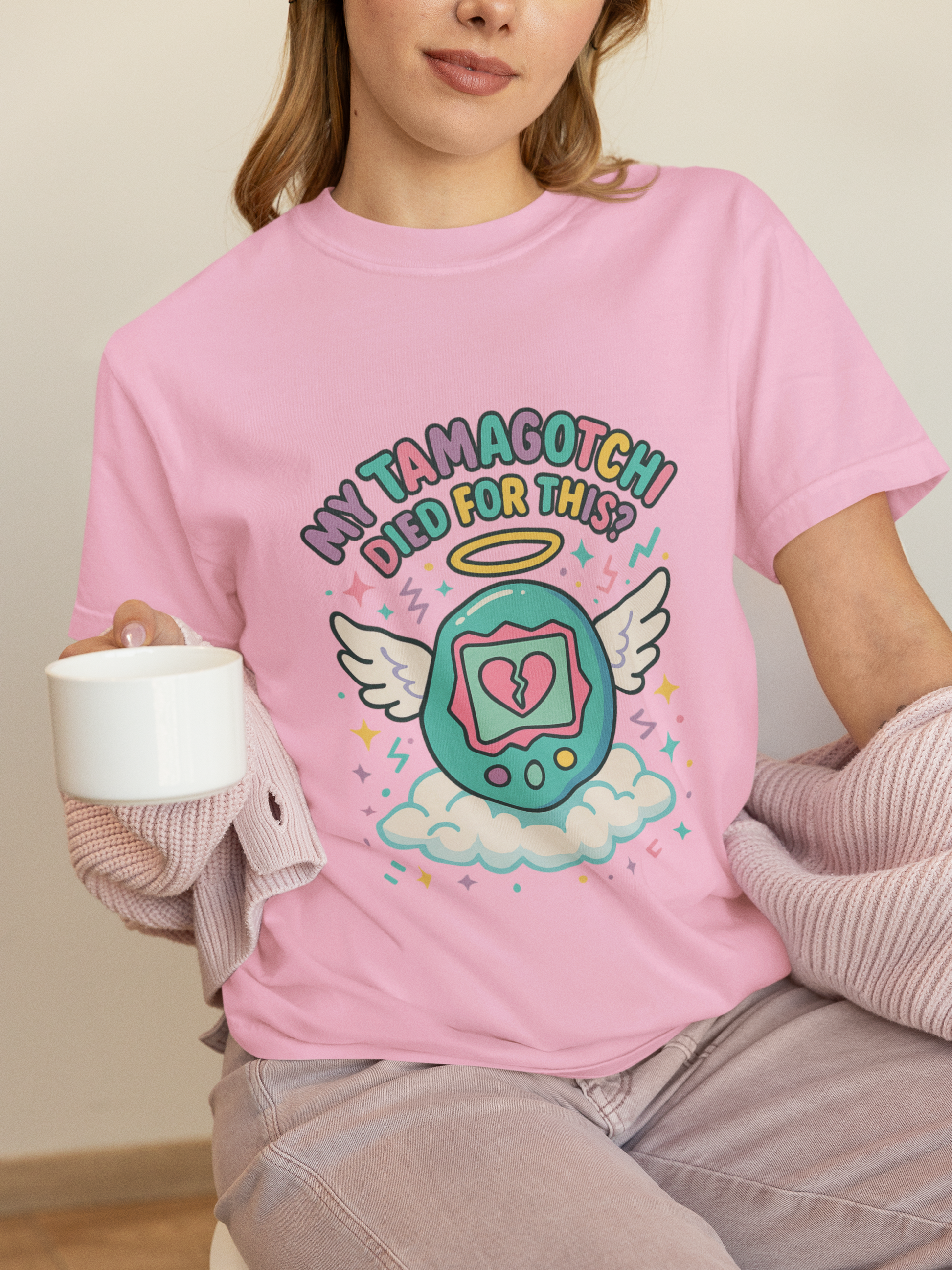 Retro My Tamagotchi Died T-Shirt with pixelated digital pet and broken heart graphic
