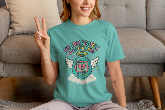 Retro My Tamagotchi Died T-Shirt with pixelated digital pet and broken heart graphic