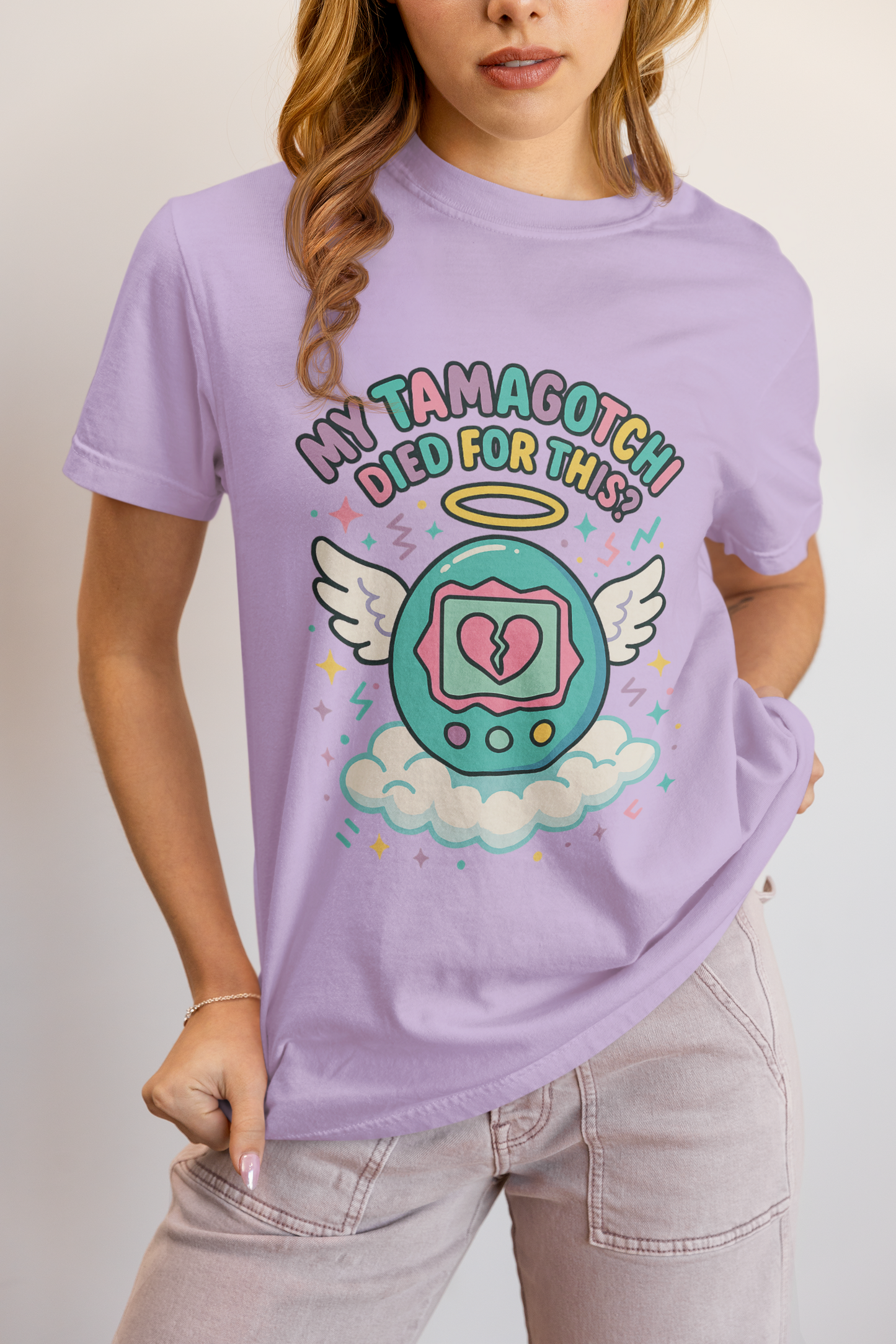 Retro My Tamagotchi Died T-Shirt with pixelated digital pet and broken heart graphic