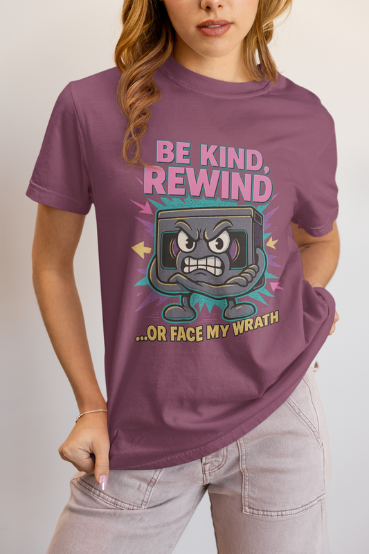 Retro Be Kind Rewind VHS T-Shirt with neon cartoon VHS tape graphic"