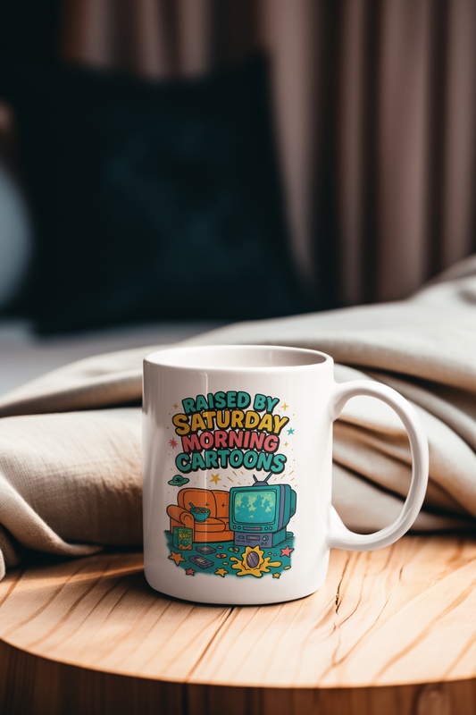 White ceramic mug with retro-style cartoon design featuring a CRT TV, cereal bowl, and couch, 90s nostalgia aesthetic.
