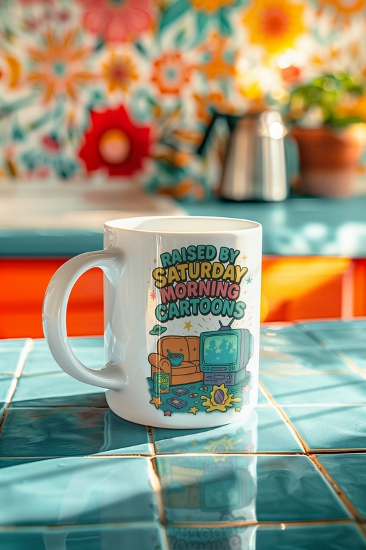 White ceramic mug with retro-style cartoon design featuring a CRT TV, cereal bowl, and couch, 90s nostalgia aesthetic.