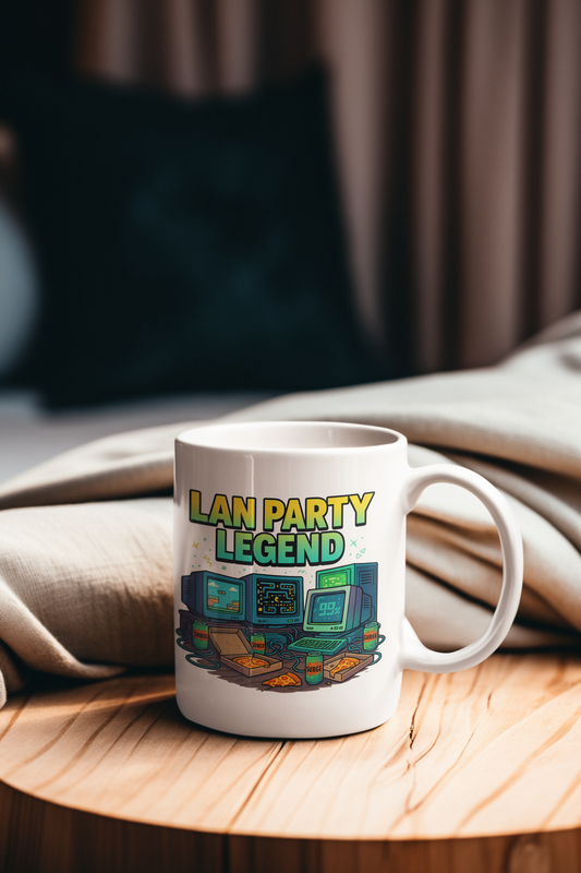 Retro gamer mug featuring glowing green PC towers, CRT screens, and tangled ethernet cables, perfect for 90s gaming fans.