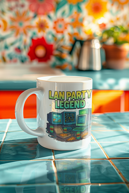 Retro gamer mug featuring glowing green PC towers, CRT screens, and tangled ethernet cables, perfect for 90s gaming fans.