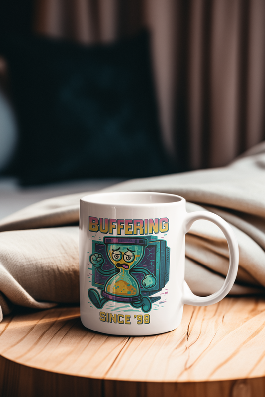 Ceramic coffee mug with pixel hourglass and glitchy loading bar, 90s-inspired graphic for tech lovers and millennials.