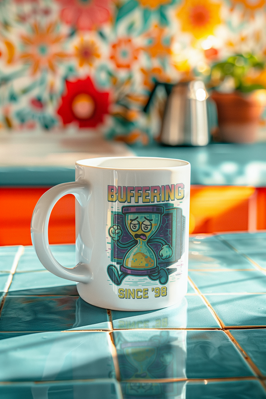 Ceramic coffee mug with pixel hourglass and glitchy loading bar, 90s-inspired graphic for tech lovers and millennials.