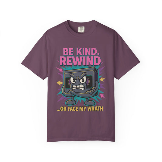 Retro Be Kind Rewind VHS T-Shirt with neon cartoon VHS tape graphic"