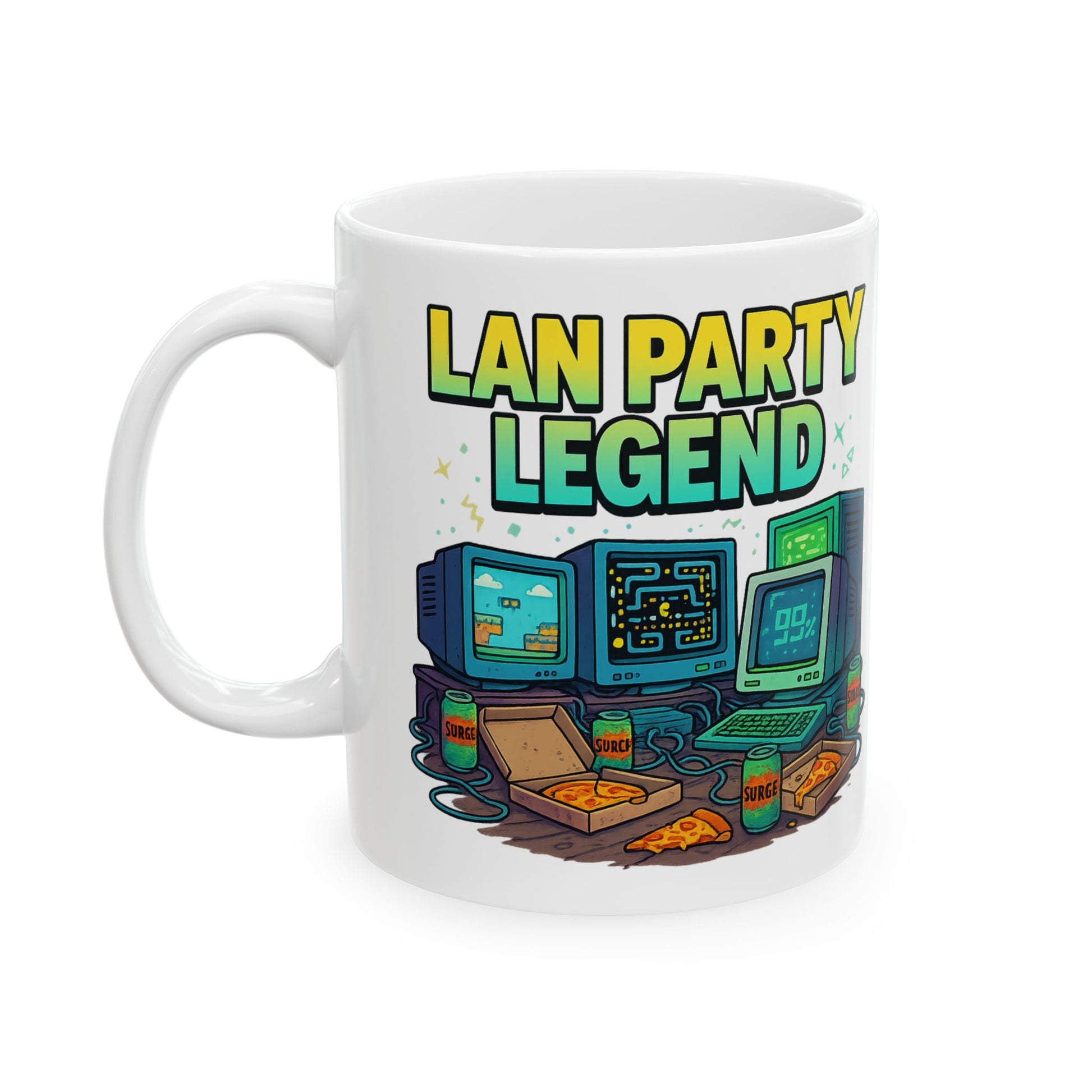 Retro gamer mug featuring glowing green PC towers, CRT screens, and tangled ethernet cables, perfect for 90s gaming fans.