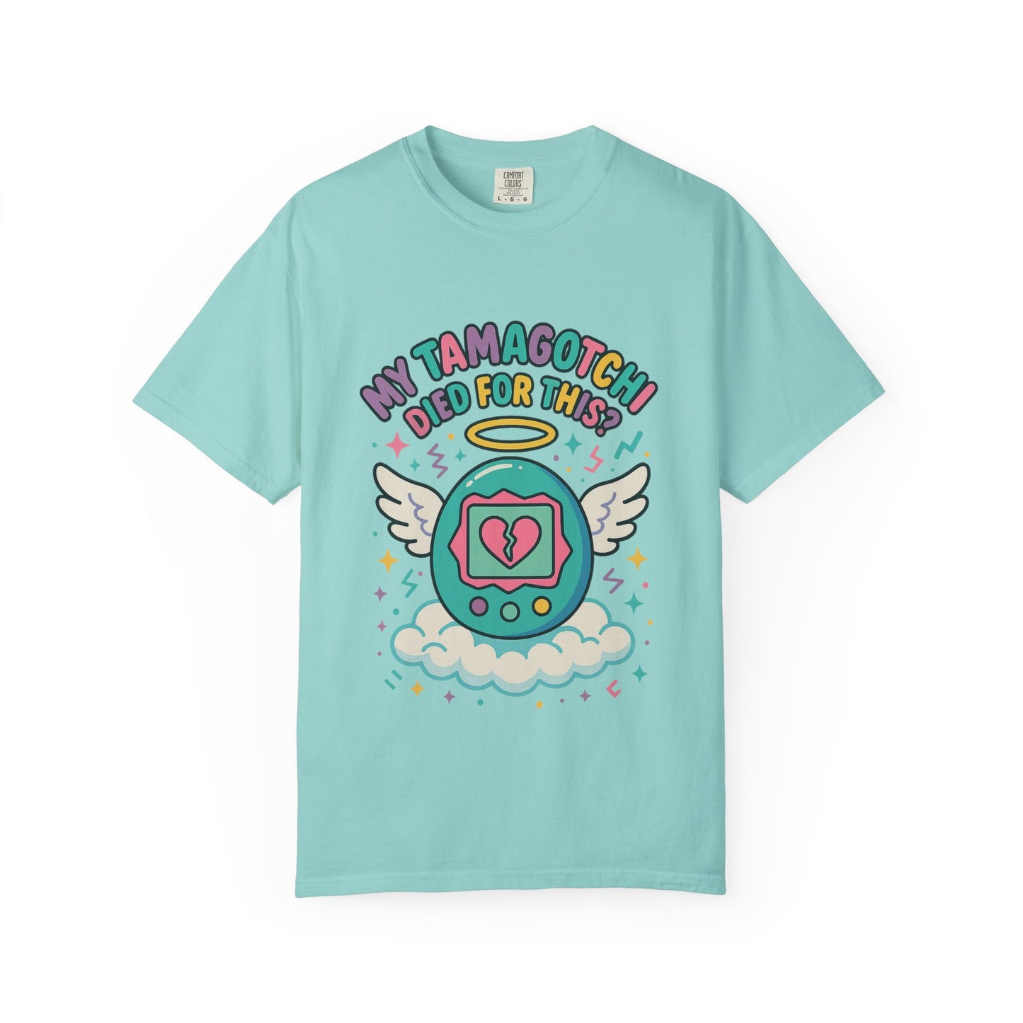 Retro My Tamagotchi Died T-Shirt with pixelated digital pet and broken heart graphic
