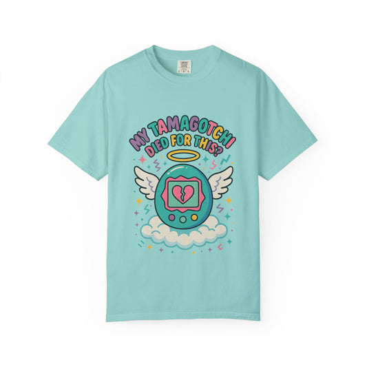 Retro My Tamagotchi Died T-Shirt with pixelated digital pet and broken heart graphic
